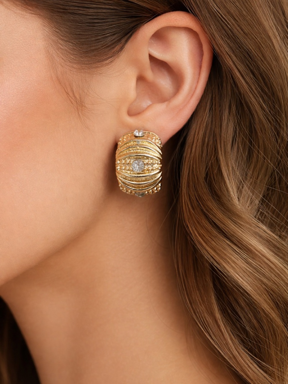 Vintage 80s Gold Dome Earrings | Ribbed Rhinestone Statement - Picture 13 of 14